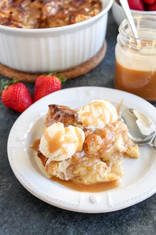 Brioche Bread Pudding with Salted Caramel Sauce | katiebirdbakes.com