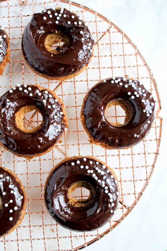 Baked Banana Donuts with Dark Chocolate Glaze | katiebirdbakes.com | baked donuts 