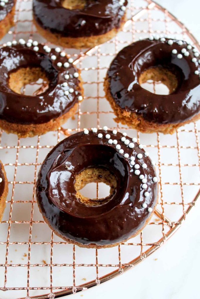 Baked Banana Donuts with Dark Chocolate Glaze - finished and ready to eat