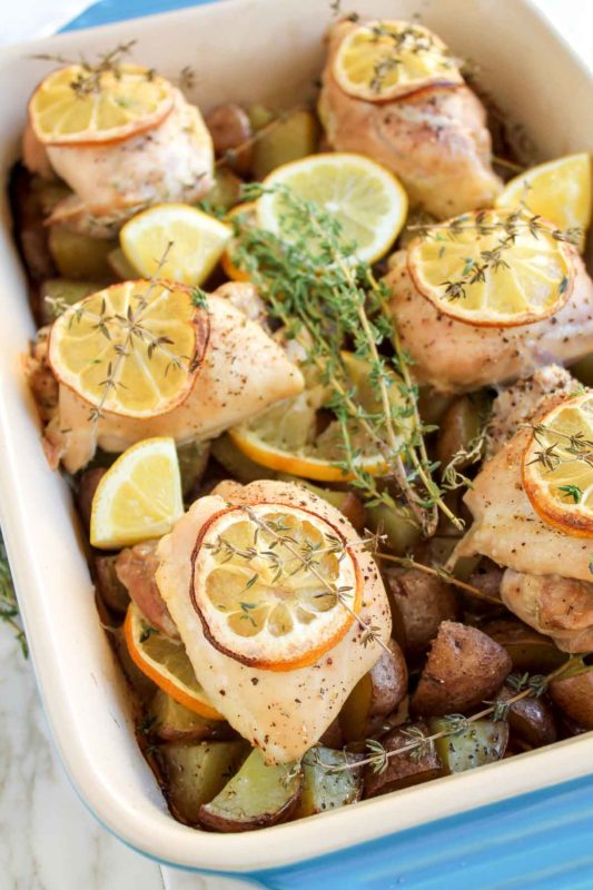 One Pan Lemon Thyme Roasted Chicken Thighs | katiebirdbakes.com