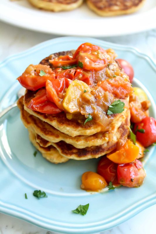 Fresh Corn Cakes w Caramelized Shallots & Tomatoes | katiebirdbakes.com