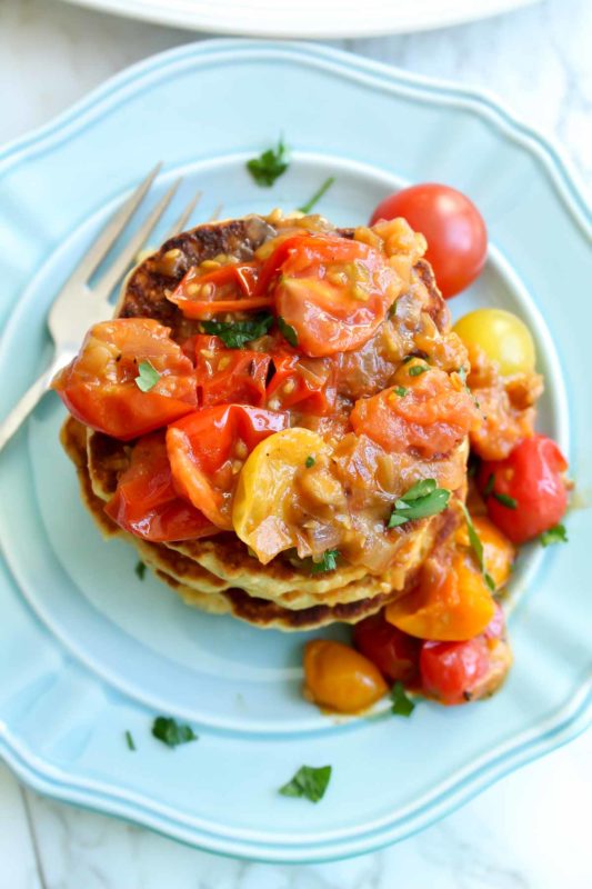 Fresh Corn Cakes w Caramelized Shallots & Tomatoes | katiebirdbakes.com