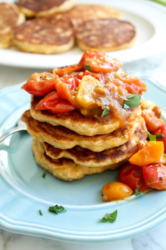 Fresh Corn Cakes w Caramelized Shallots & Tomatoes | katiebirdbakes.com