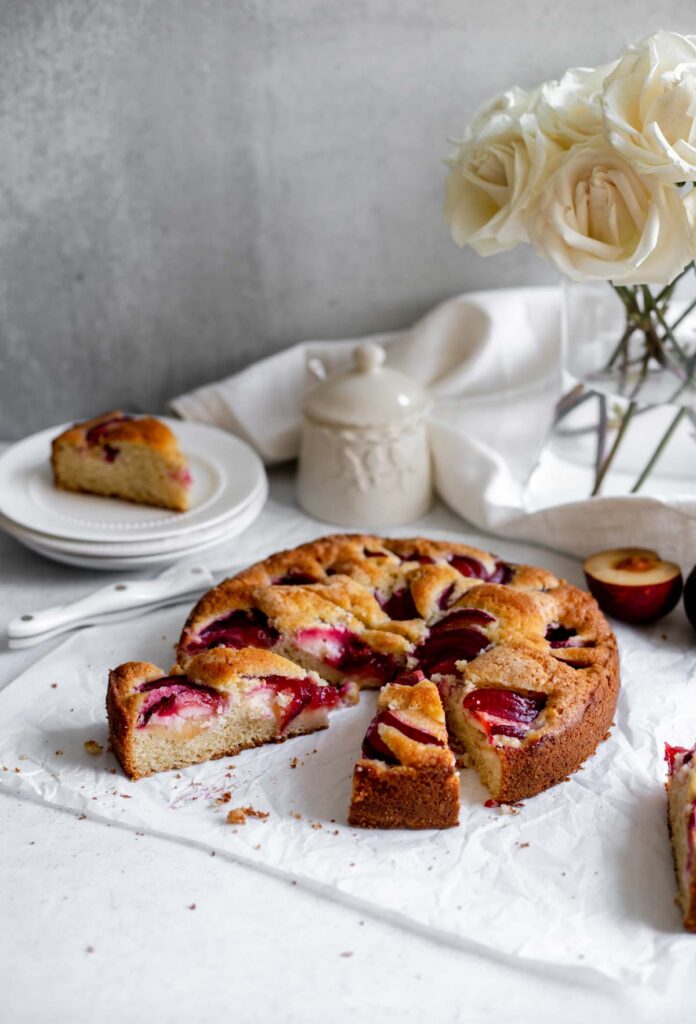 Plum Coffee Cake made with fresh sliced plums ready to serve | katiebirdbakes.com