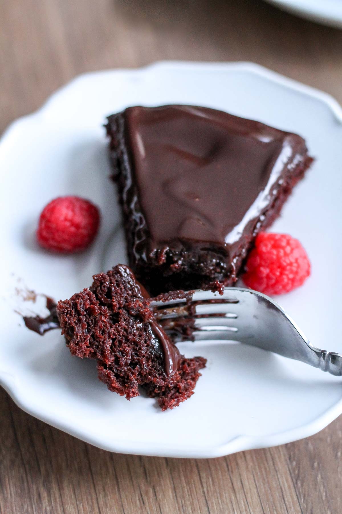 Close up bite shot - Single Layer Chocolate Cake with Chocolate Ganache