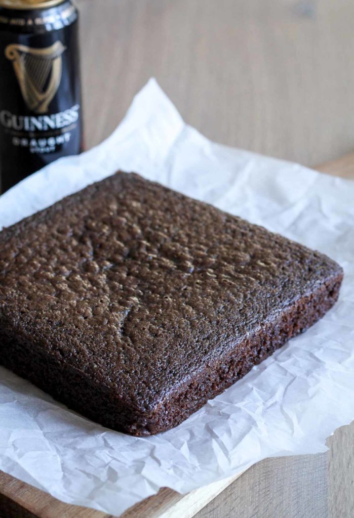Baked Guinness chocolate cake on a piece of white parchment