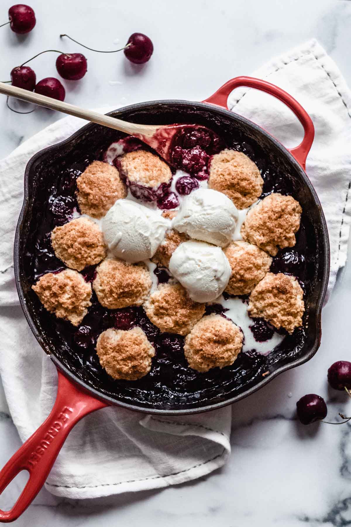 Classic cherry cobbler baked in a skillet - Katiebird Bakes