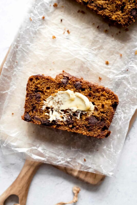 Chocolate Chip Pumpkin Bread with salted butter