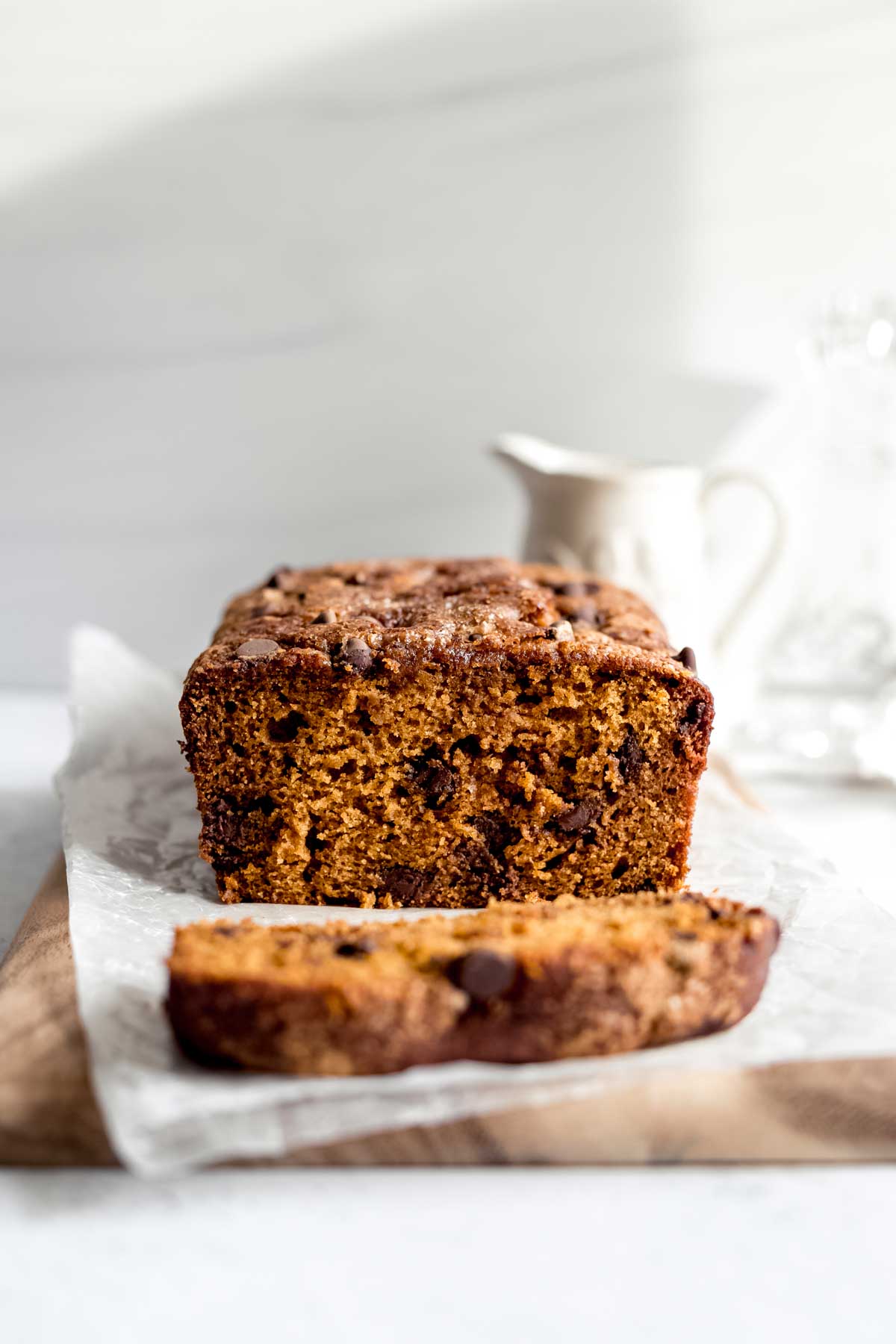 Chocolate Chip Pumpkin Bread first slice