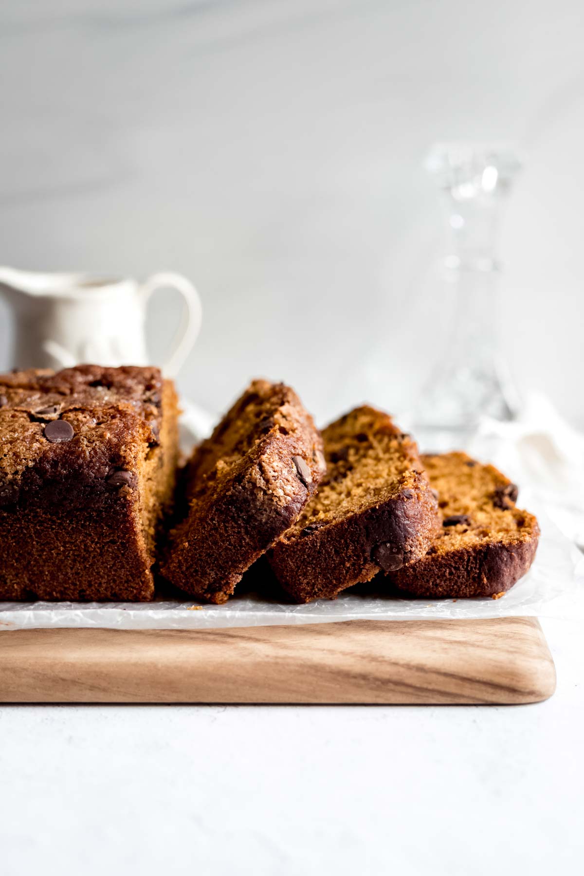 Chocolate Chip Pumpkin Bread sliced from the side
