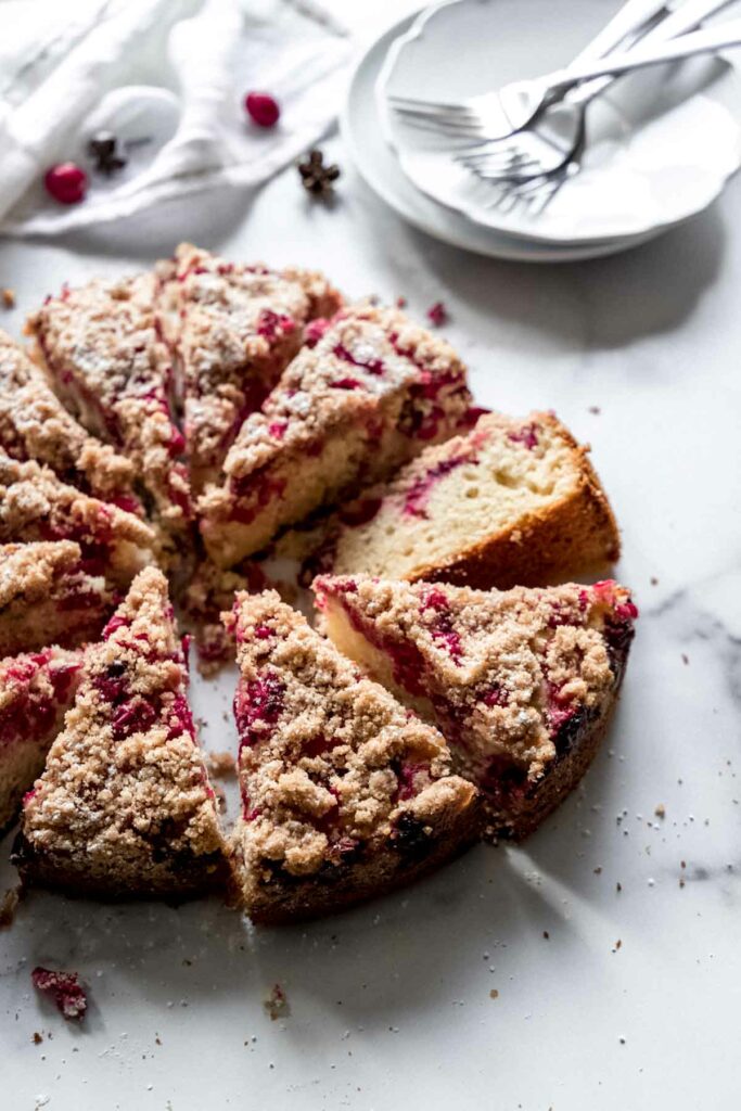 Slices of cranberry coffee cake with streusel on top