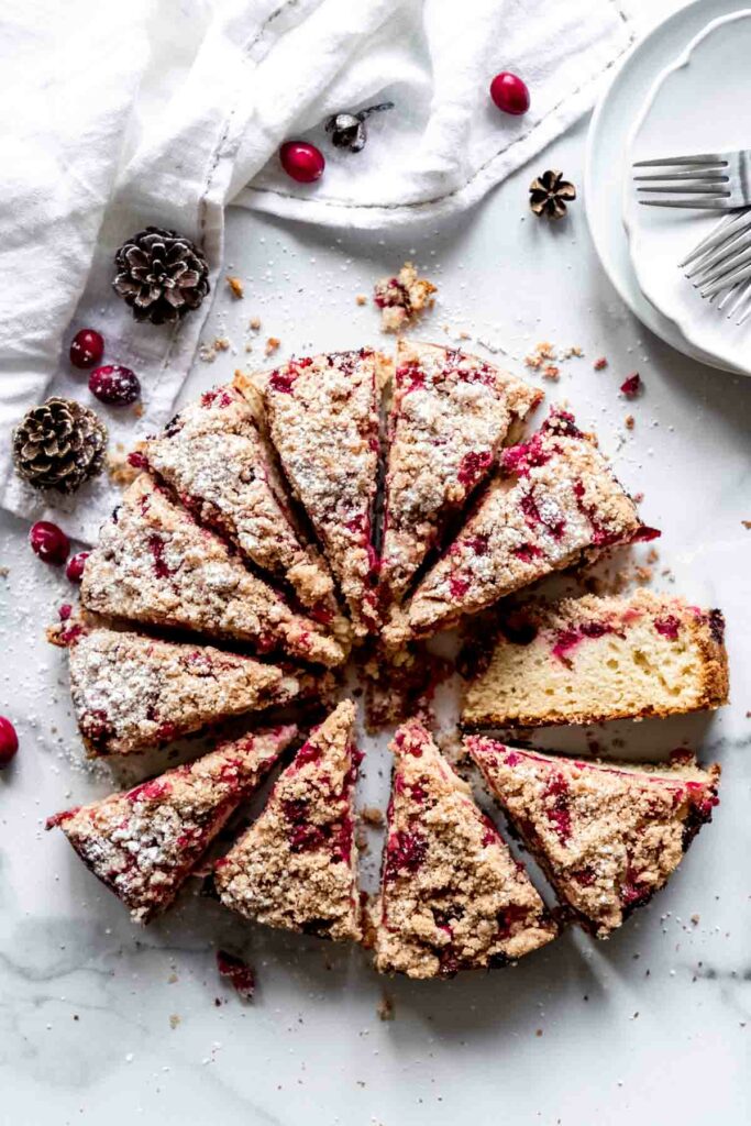 Cranberry crumb coffee cake slices - on a holiday brunch table