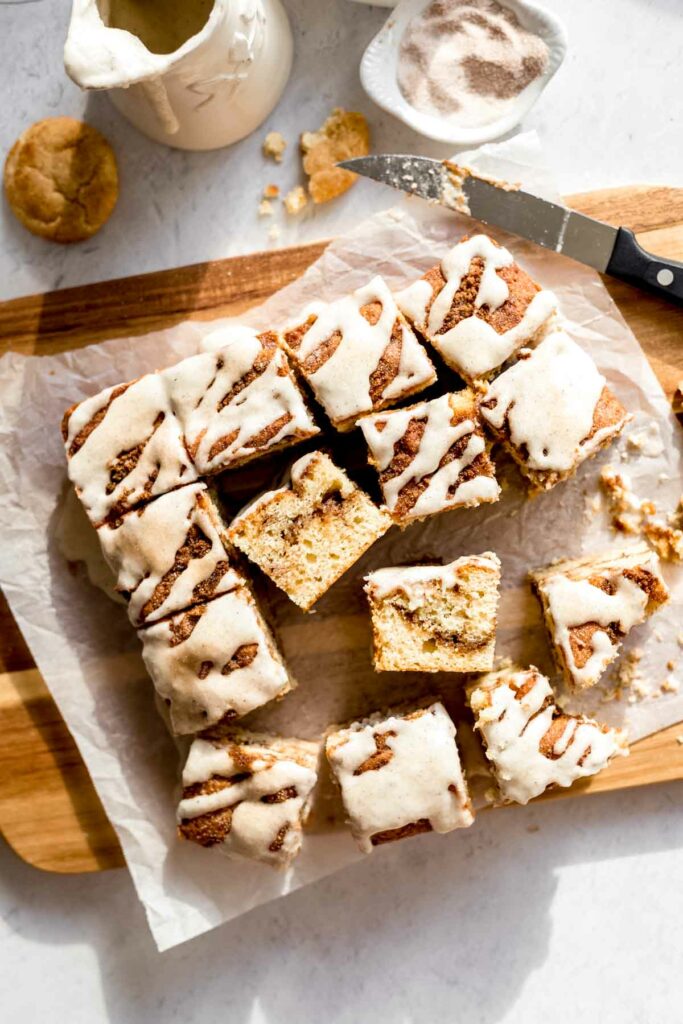 Overhead shot of Several square slices of Snickerdoodle Cake