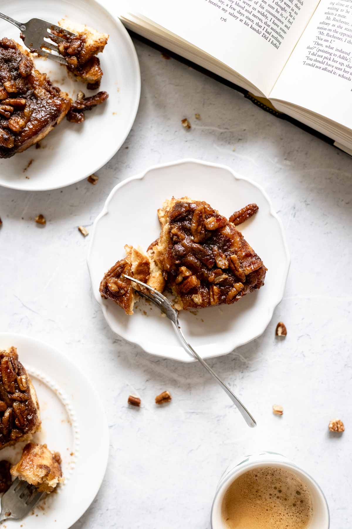 Homemade sticky bun with a bite taken out of it
