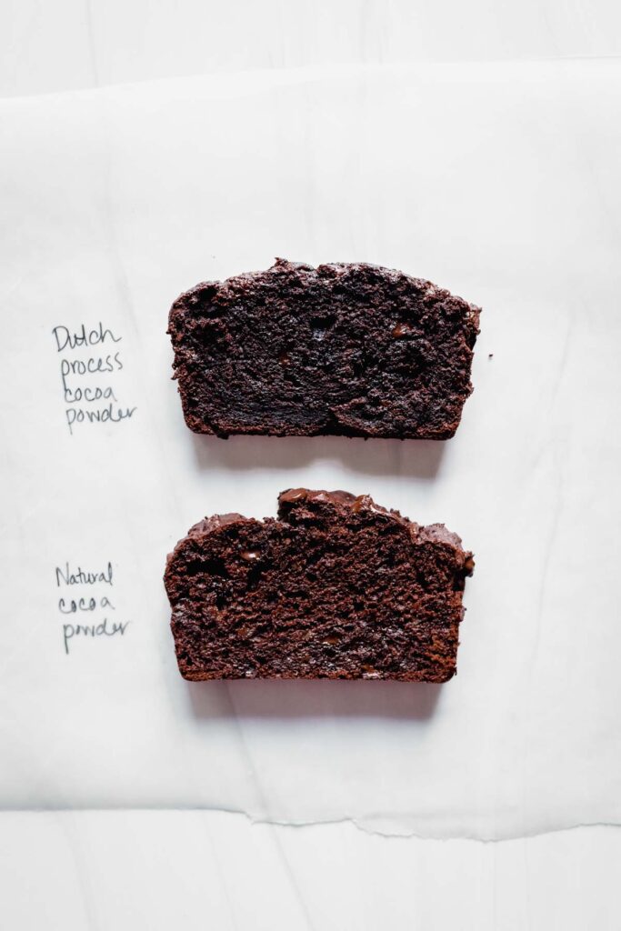 Slices of banana bread made with natural cocoa powder vs Dutch process cocoa powder