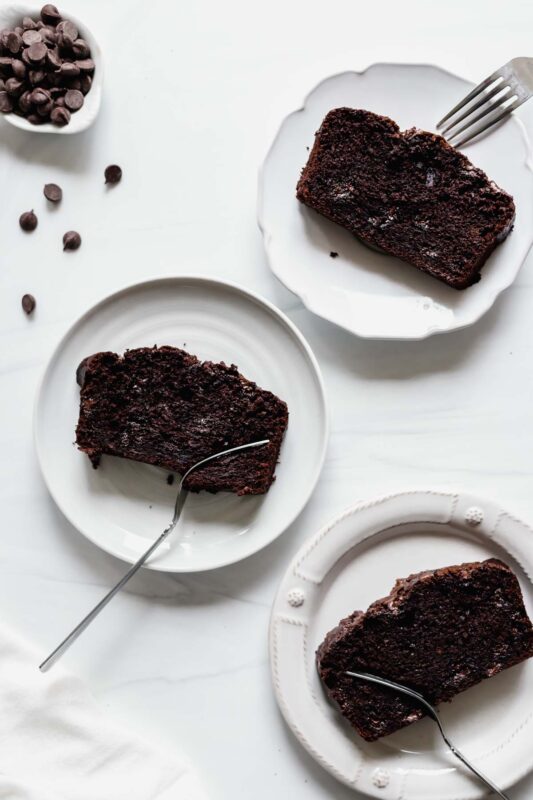 Dark chocolate banana bread slices with forks