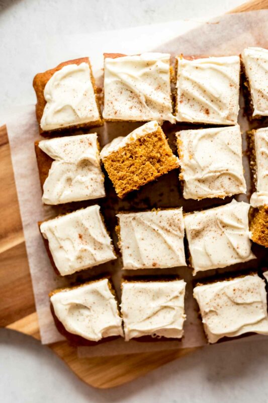 Easy Pumpkin cake bars with cream cheese frosting