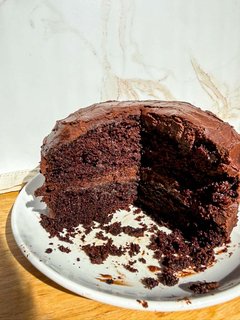 two 6-inch chocolate cake layers with chocolate ganache