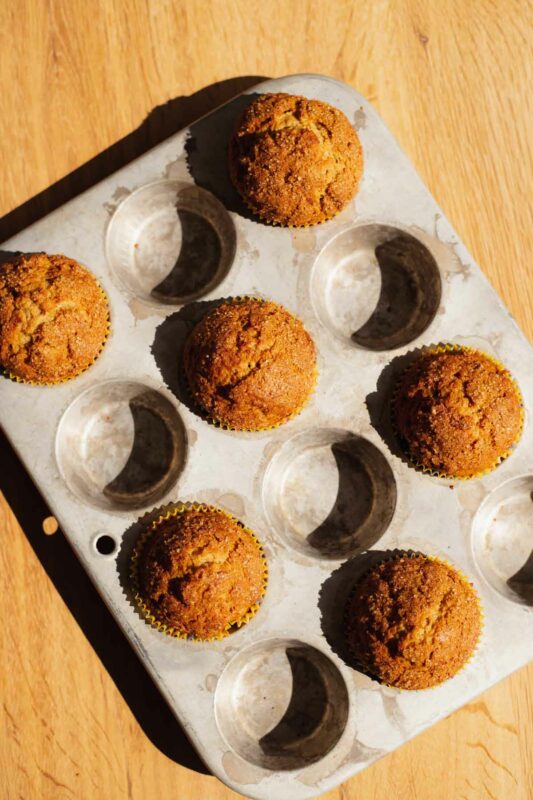 Baked small batch banana muffins in the muffin pan