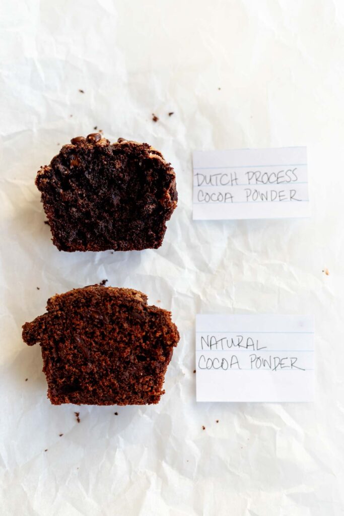 cross section of muffins showing the color and texture difference between natural cocoa powder and dutch process cocoa powder