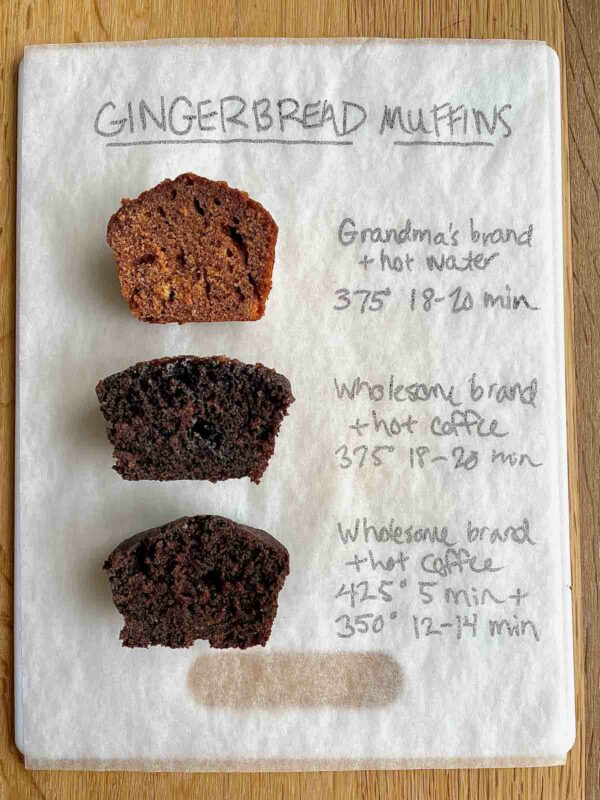 recipe testing showing different variations of the muffins stacked on top of each other