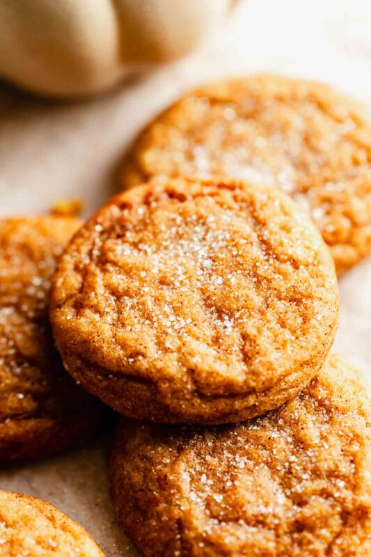 close up of a pumpkin spice snickerdoodle cookie showing the texture