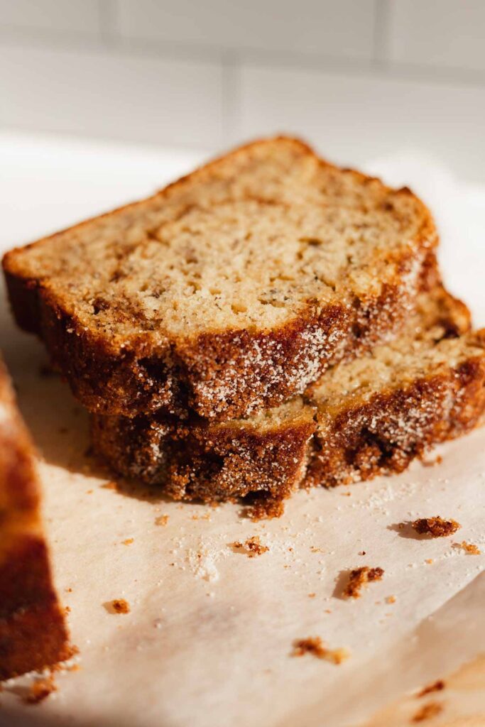 two slices of the bread on top of each other with the cinnamon sugar crust showing