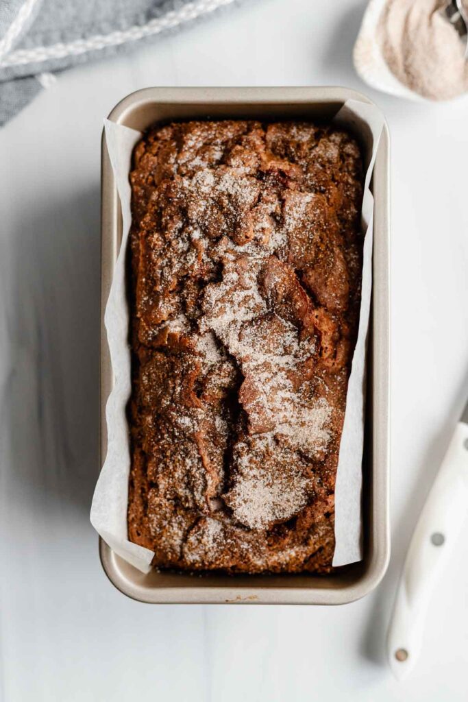 an overhead view of the baked bread with crackly cinnamon sugar crust